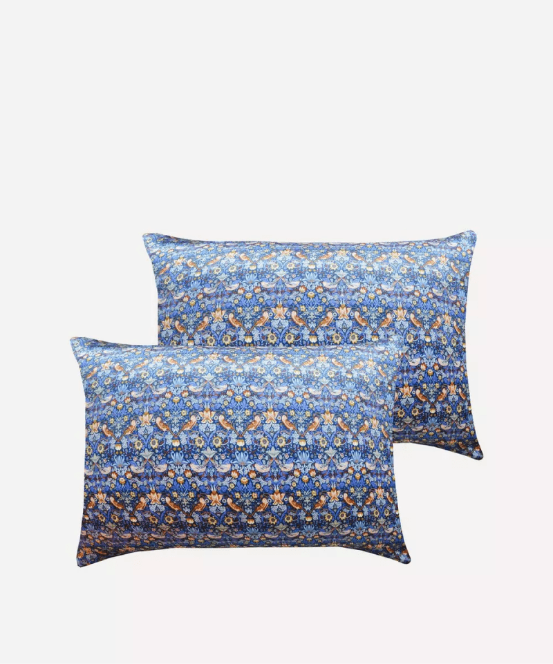 Strawberry Thief Cobalt Silk Satin Pillowcases Set of Two